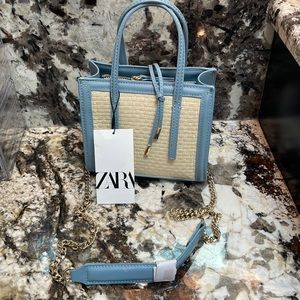 NWT Zara Blue/Gold/Straw Handbag Approximately 5-6 Inches Height